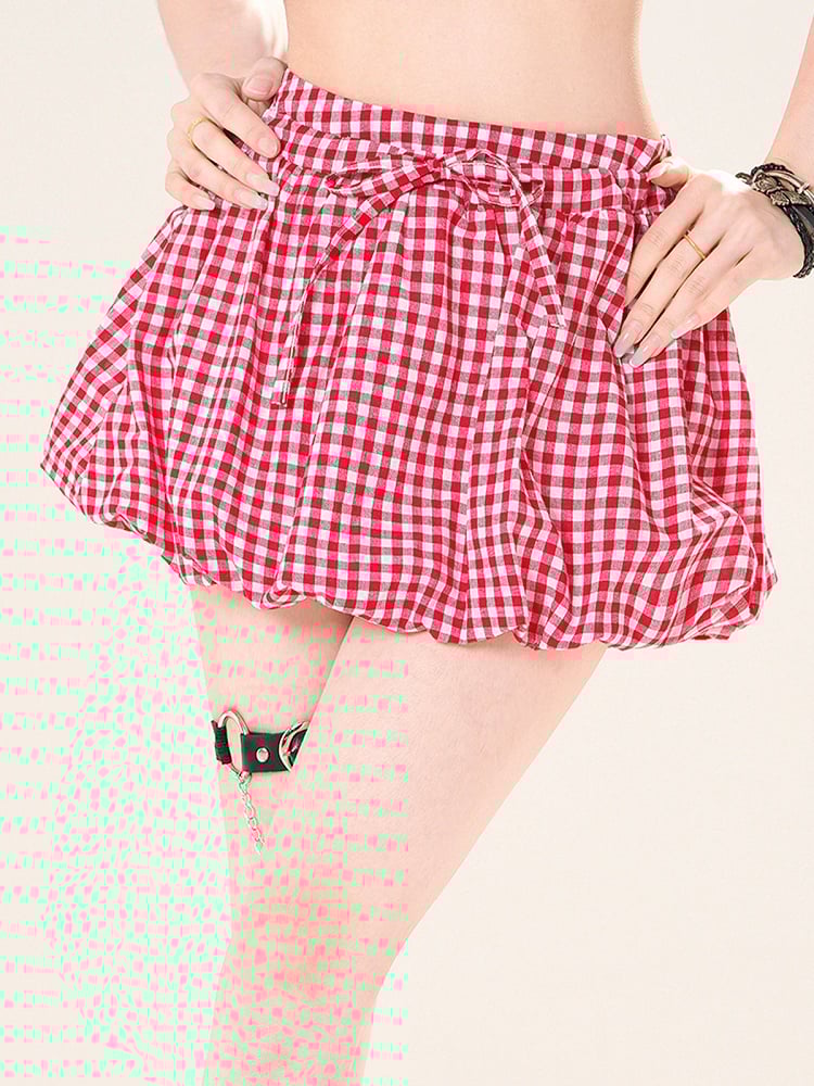 Yellow/Red Plaid Drawstring Waist Bubble Skirt