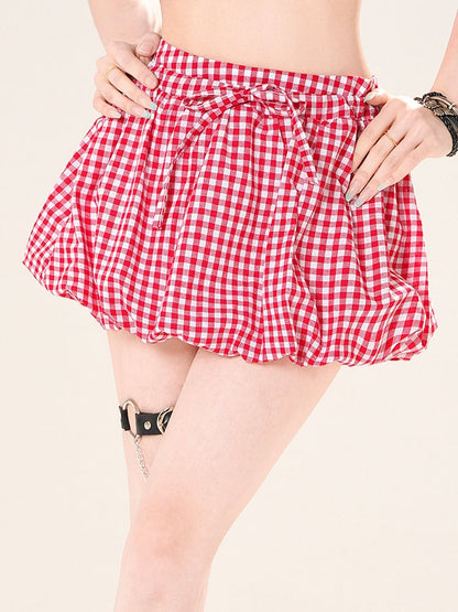 Yellow/Red Plaid Drawstring Waist Bubble Skirt