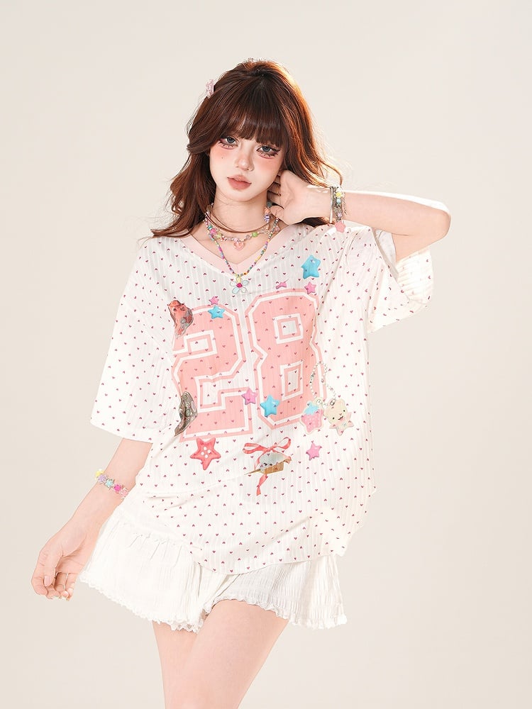 ピンクの水玉模様TシャツプリントスターVネックルーズ