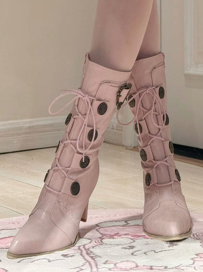 Pink Mid-Calf Pointed Details Lace-Up Design Toe Sakura Boots Leather Lolita Heels with Buckle PU -