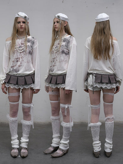 ウェイストランドパンクレターロングトップ、アシンメトリーブルー/ベージュスリーブ、ネックラインプリント