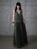 Metal A-Line Straps Punk Oversized Green Dress Edges Vest Eyelet Dark with Raw