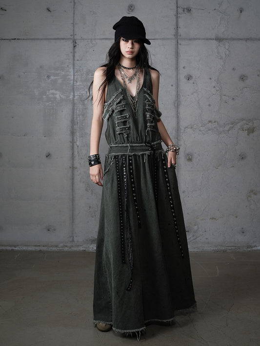 Metal A-Line Straps Punk Oversized Green Dress Edges Vest Eyelet Dark with Raw