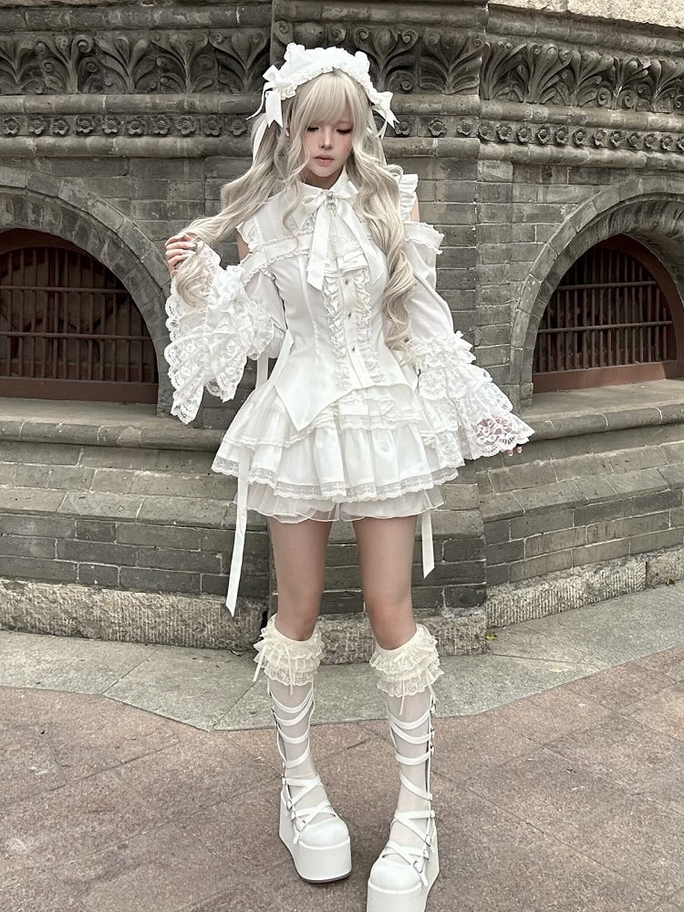 White Gothic Landmine Skirt with Multi-Layer Lace Trim Detailing - Ekomi
