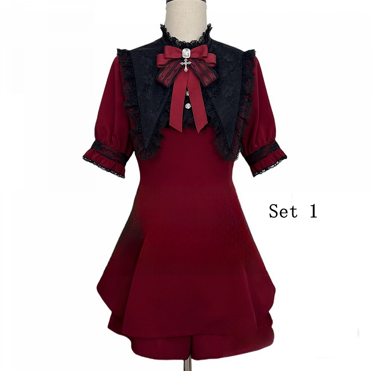 Black Kei Top Lace Set- Tie Detachable Gothic Short Faux Sleeve + Pointed Full Jirai Bow Collar Red Cape Coord Shorts