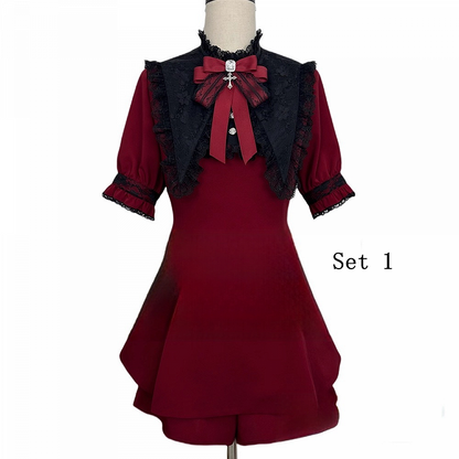 Black Kei Top Lace Set- Tie Detachable Gothic Short Faux Sleeve + Pointed Full Jirai Bow Collar Red Cape Coord Shorts