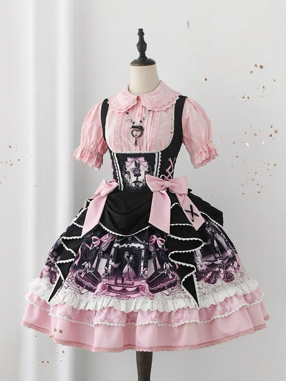 Süßes Lolita-Kleid mit Hasen- und Sargmotiv in Schwarz und Rosa