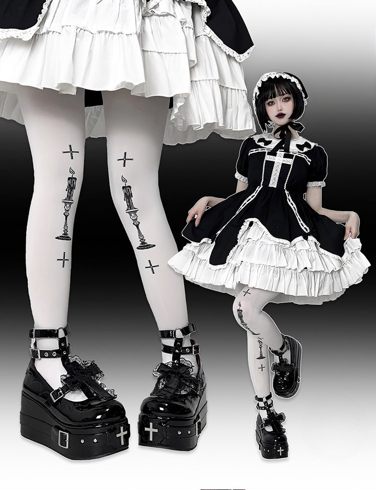 Polished Black Gothic Lolita Lace Trim Cross Platform Shoes