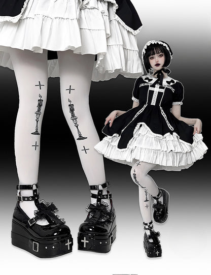Polished Black Gothic Lolita Lace Trim Cross Platform Shoes