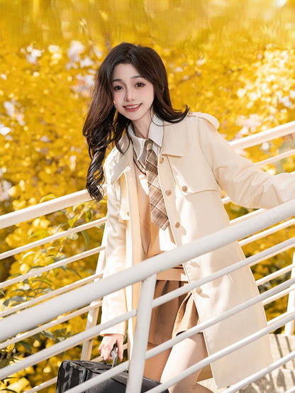 with Front Longline Beige/Khaki/Black Coat Placket Button