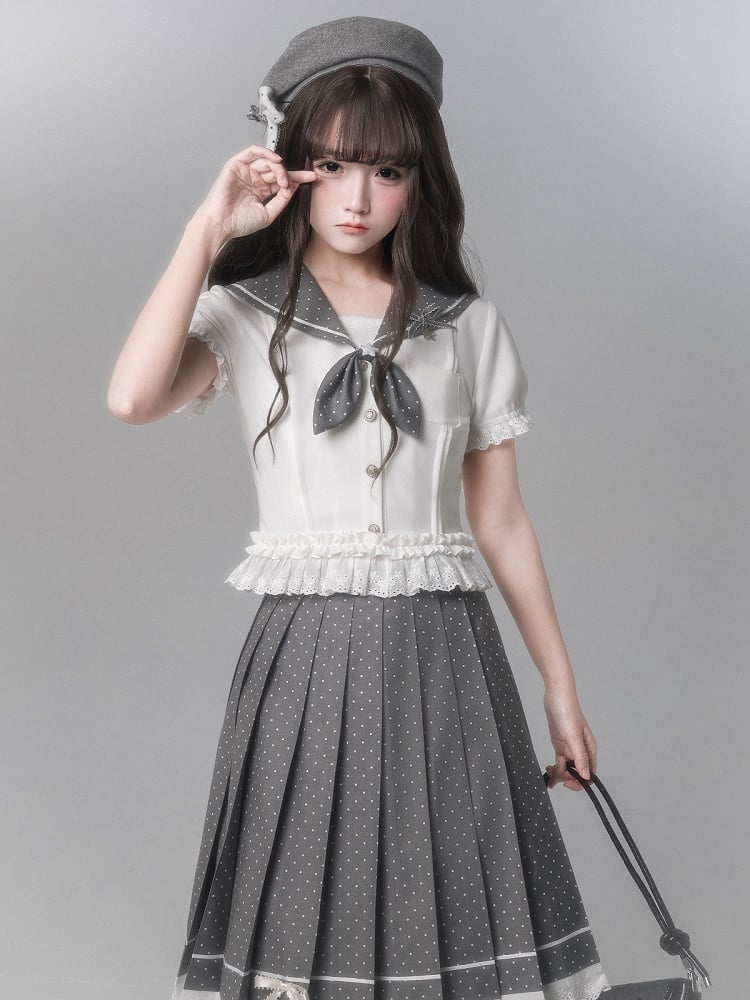 Short Sleeve White Top With Trim Sailor-Inspired Ruffle