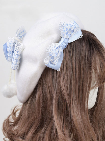 Detachable Bow Beret Alice Sweet Blue Lolita White with