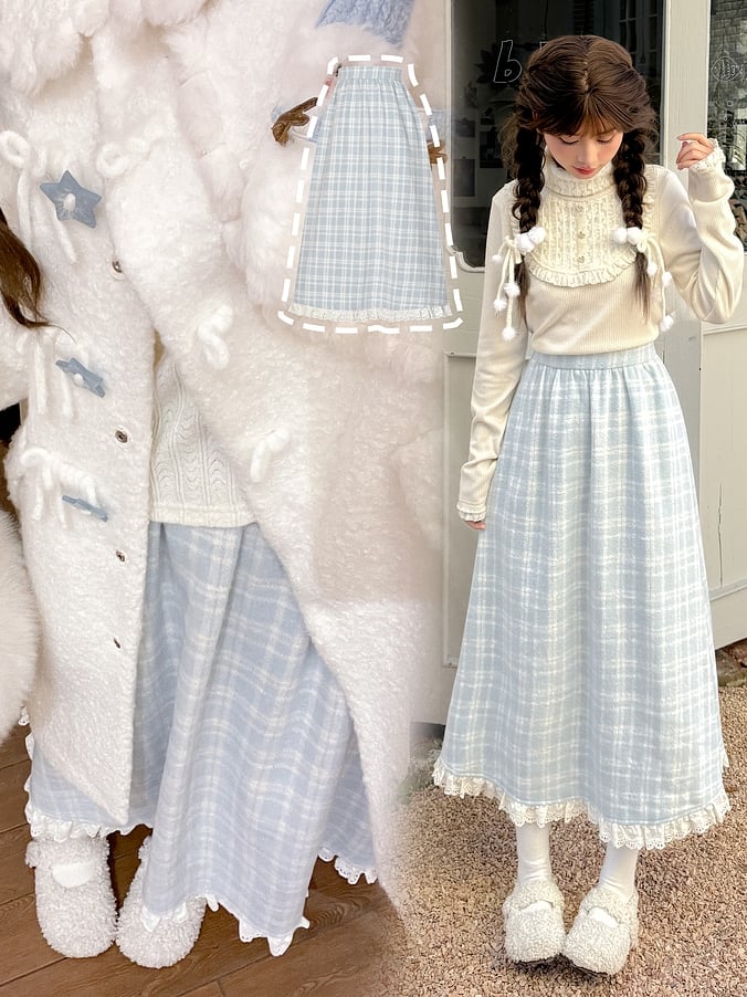 ブルーのチェック柄ハイウエストレーストリムミディスカート