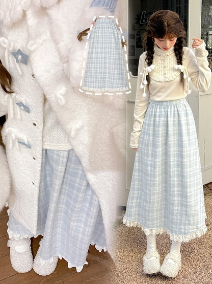 ブルーのチェック柄ハイウエストレーストリムミディスカート