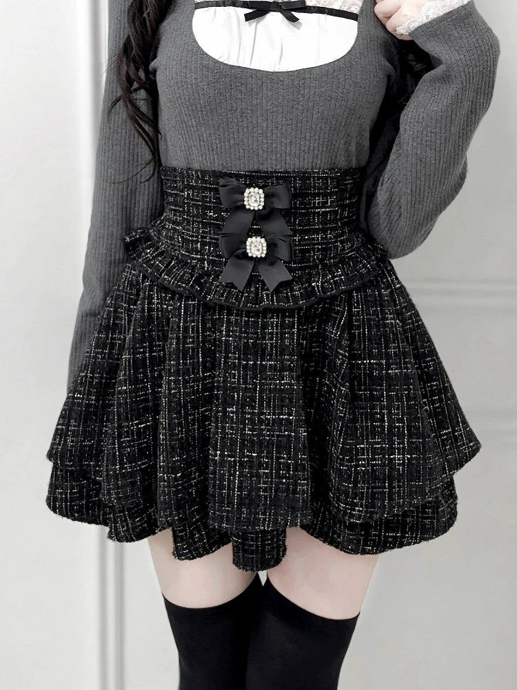 High-Waist Bows Tweed Match Kei Skirt: Black Detachable Jirai Mix with