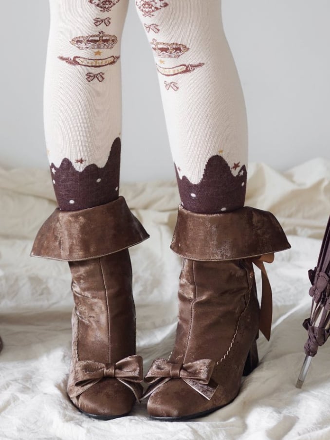 Convertible Scalloped Brown Bow High-heel in Boots Trim Top Boot Delicate Top， Elegant Lolita