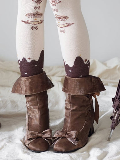 Convertible Scalloped Brown Bow High-heel in Boots Trim Top Boot Delicate Top， Elegant Lolita