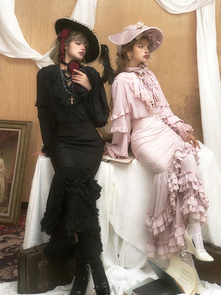 Gothic Pink Fish-Tail Lolita Skirt with Ruffles by ZJstory