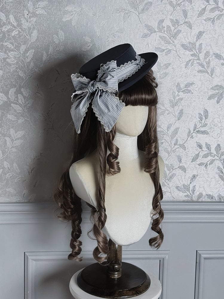 and Gray/Brown Hat Bow Lace with Detail Striped Lolita