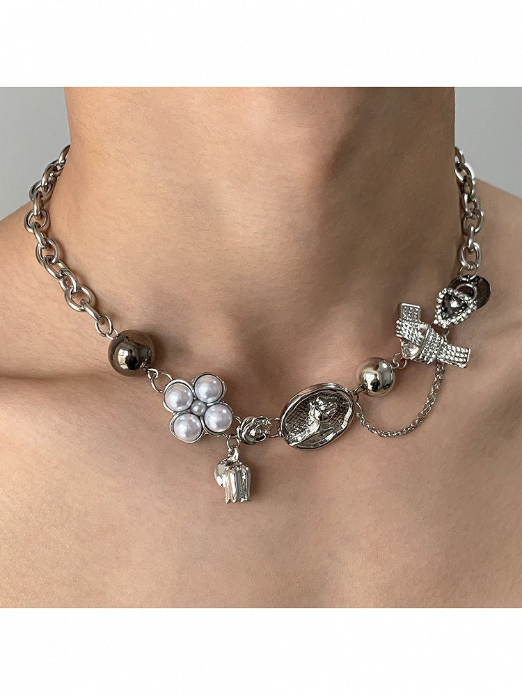 Y2K Silver Chain Necklace with Floral Bead Decor - YSHXS