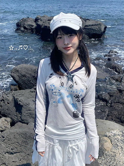 Top Big with Letter V-neck Eye White and Print