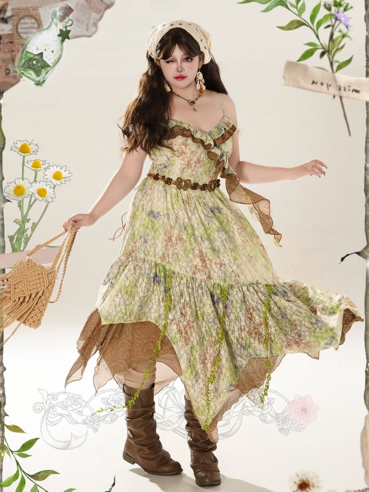 Plus Size Grünes Blumenkleid mit Spaghettiträgern