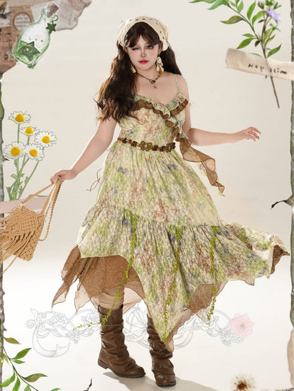 Plus Size Grünes Blumenkleid mit Spaghettiträgern