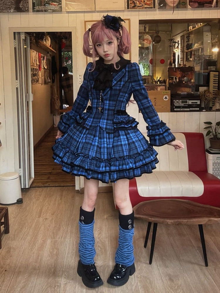 Lapel Notched Set School Blazer + Old Plaid - Lolita Ruffled Skirt Blue