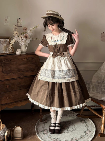 Brown Floral Cotton OP Dress with Detachable Lace Apron