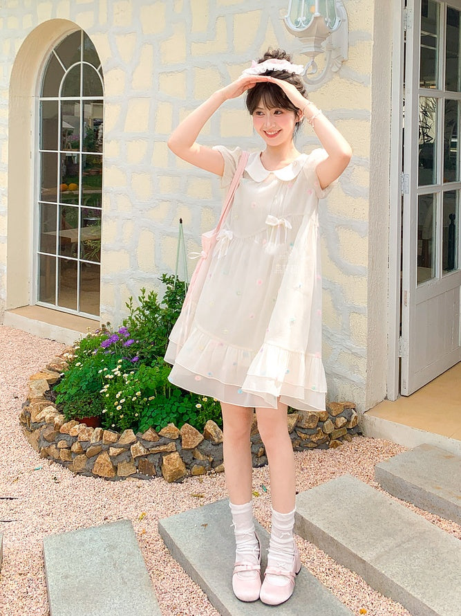 Muster Bunte Polka-dot Weiß Peter Pan Kragen Puffärmel Chiffon Kleid