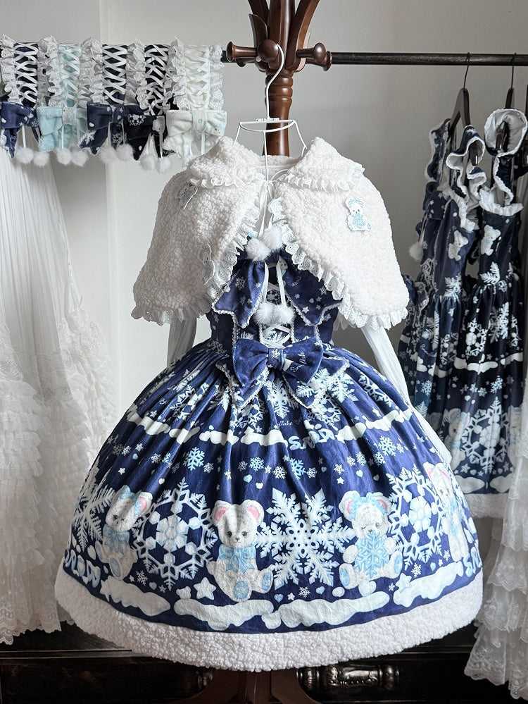 Sweet Winter Lolita Snowy Teddy Print Dark Blue Gradient Lolita JSK Full Set
