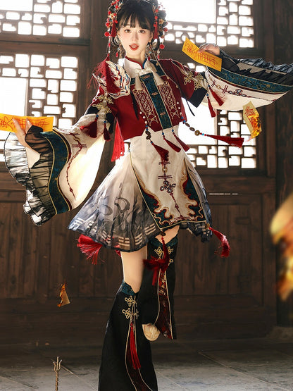 White Black Gradient Ink Wash Han Lolita Pleated Skirt - Unknown Star