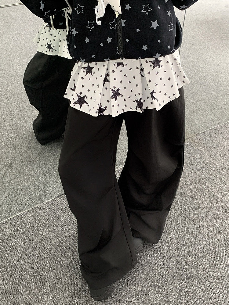 Patchwork Black Pants with Star-patterned Design Y2K Pull-on Skirt Wide-leg