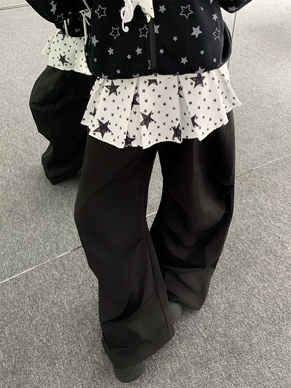 Patchwork Black Pants with Star-patterned Design Y2K Pull-on Skirt Wide-leg