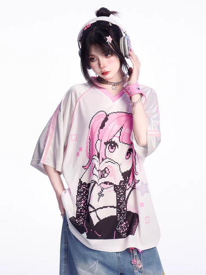 ピンクのルーズTシャツ Vネック 漫画ガールプリント ブロケットコア