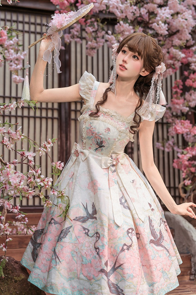 Swallow Kite and Peach Blossom Print Pink Chinoiserie Lolita Dress - Dream Magic Box