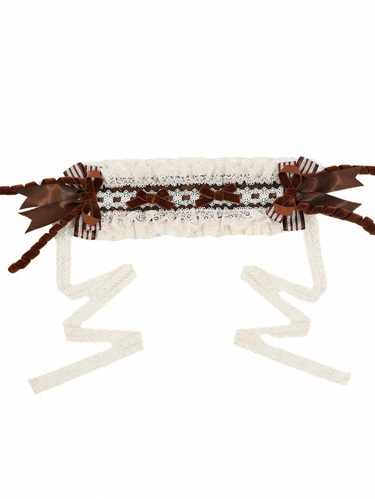 Dark Brown Hairband with Bow & Lace Trim - Twin Bear Original Design