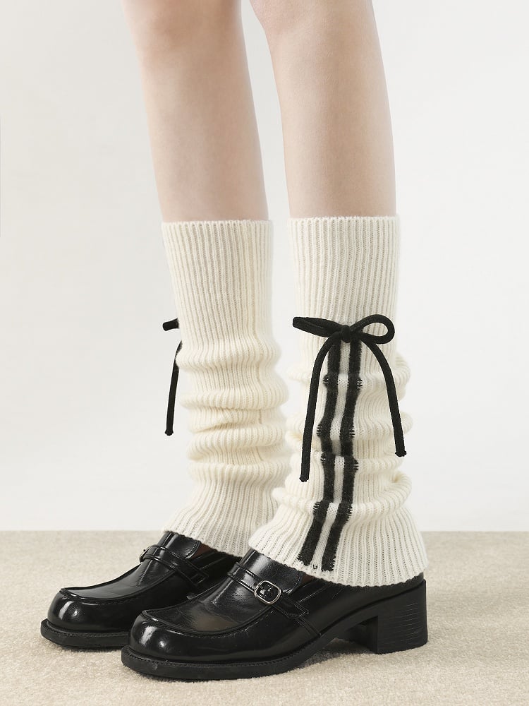 Colors Knitted Strappy Pattern Vertical Warmers 5 Bow Leg Striped Accent