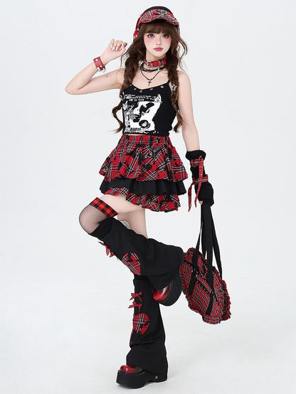 Rock Sleeves Chain Black Leg Red Plaid with Punk Decorated Tiered and Skirt Free