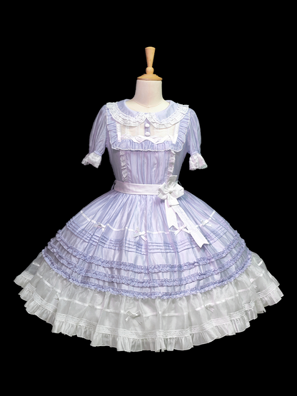 Ärmelkleid Lolita Peter Pan Kurz Weiß Lila und Kragen