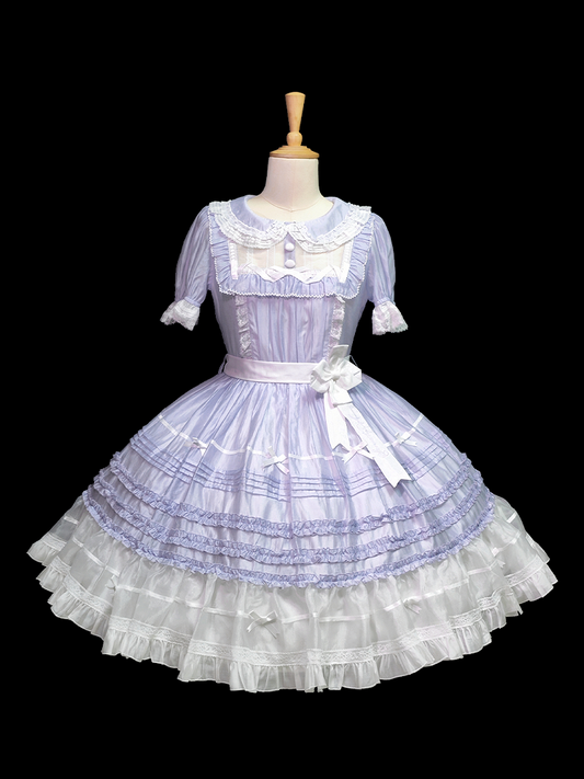Ärmelkleid Lolita Peter Pan Kurz Weiß Lila und Kragen