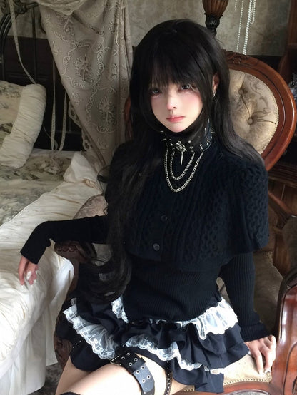 Shawl Curved Hem Sweater Button-Front Black with Detachable