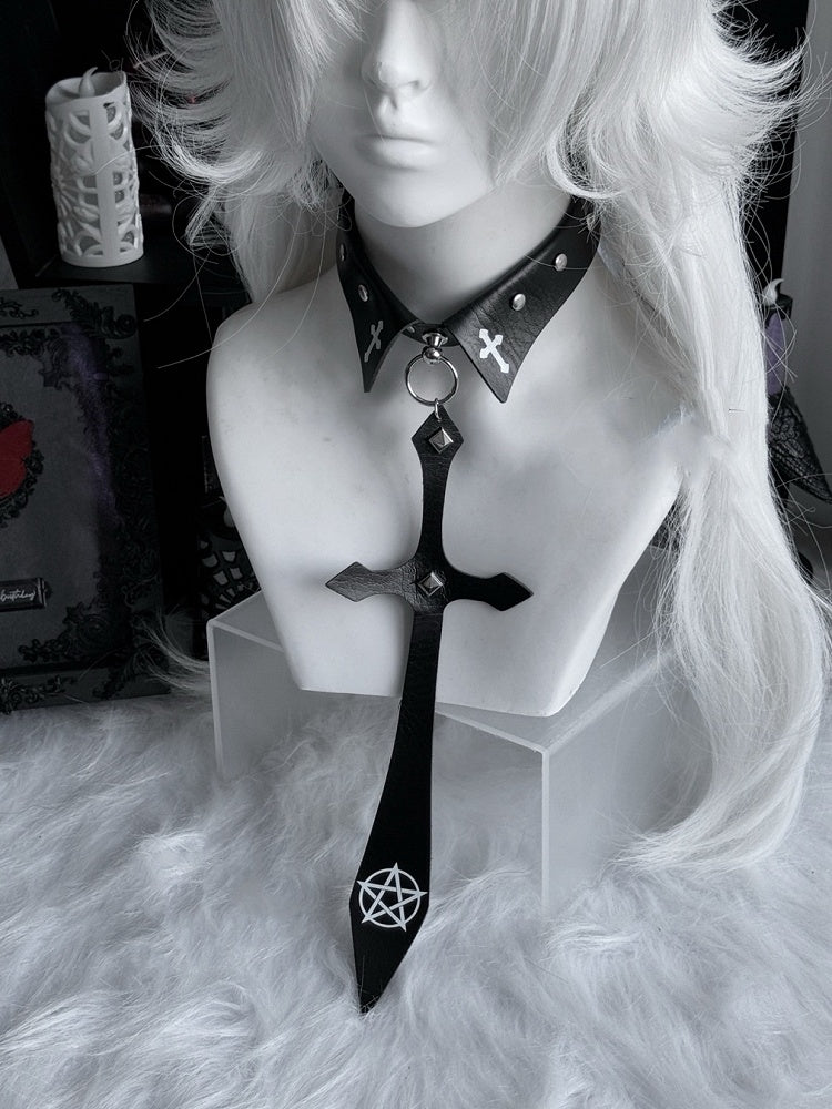 クロスチャーム スタッズネクタイ パンク ブラック/レッド ペンタクル
