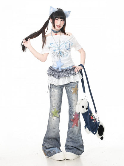 Vintage Kawaii Blue Star Print Flare Jeans - Languid Park