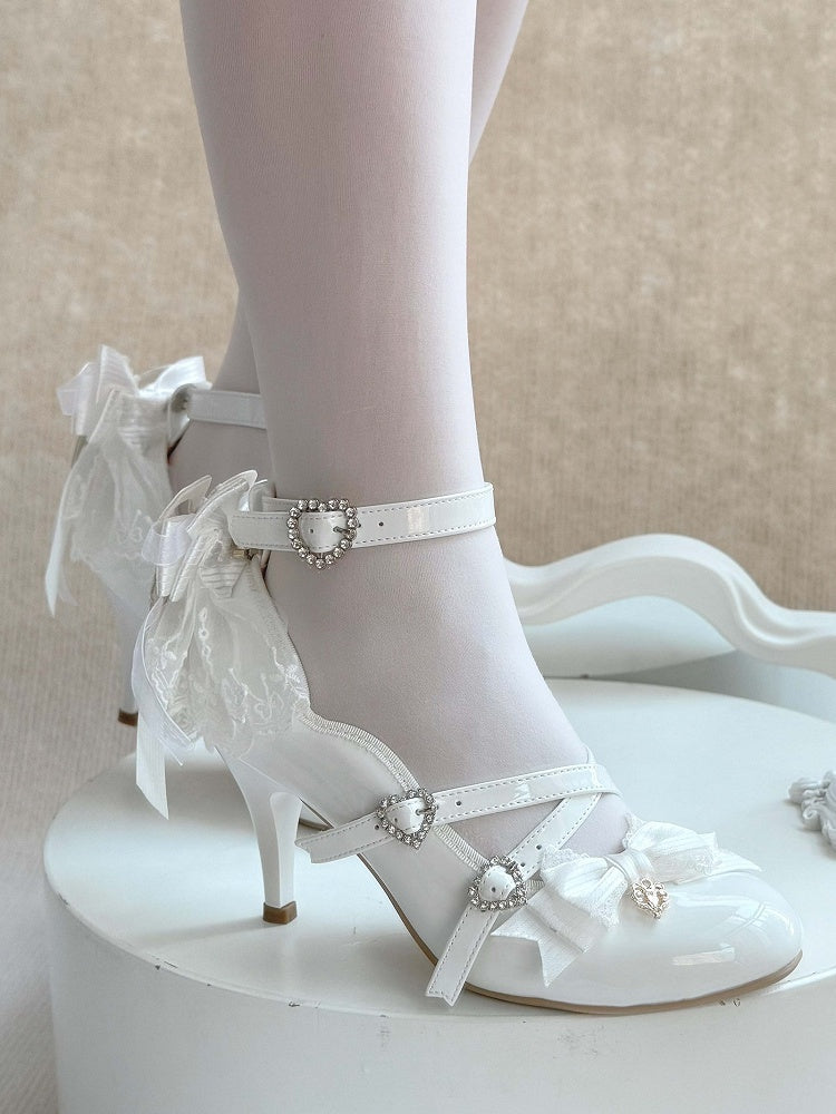 Detachable Back Elegant with White High Bow Shoes Heel Lolita