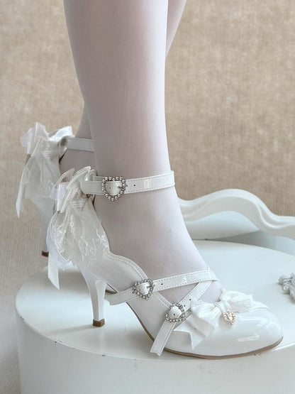 Detachable Back Elegant with White High Bow Shoes Heel Lolita