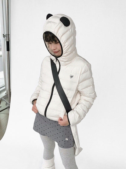 White Jacket Zipper Panda Ear with Decor Hood - Ribbed Daily Kawaii Down Front Hooded