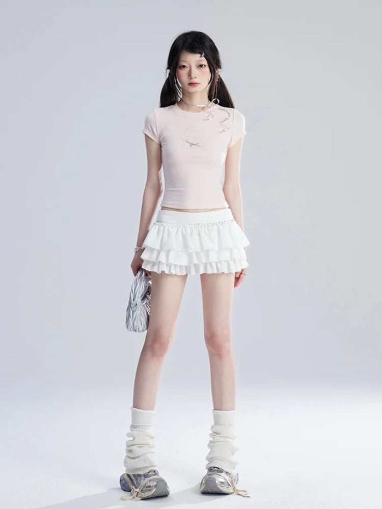 T-Shirt Puppy Print Heart Cropped Adorable Pink Charm Bittersweet