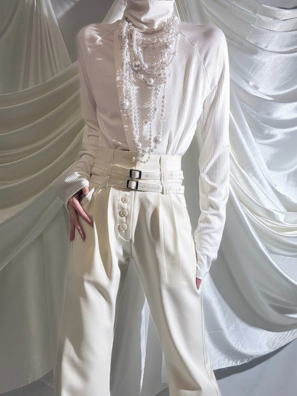 Sleeve Mock Long Slim-fitting Collar Top Prince White