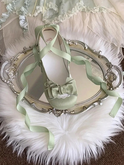 3.5cm Heeled Sweet Lolita Green Ballet Shoes - Bow at Top & Wrap-Around Ankle Tie